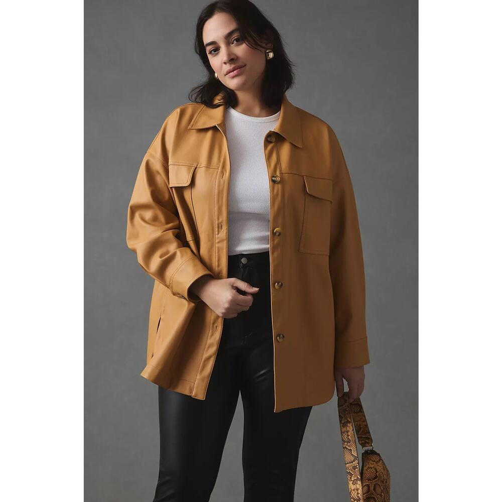 Maeve Faux Leather Shirt Jacket Size M Button Front Tan Edgy Oversized Fit